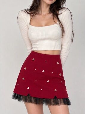 NWT Commense Red Pearl-Embellished Mini Skirt with Black Tulle Trim